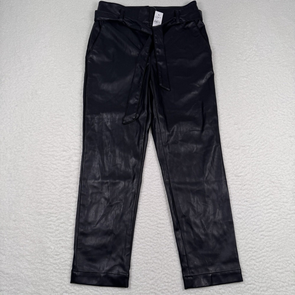 LOFT Faux Leather Pants Women's 4 Slim High Rise Pull On Belted Black Chic - NWT